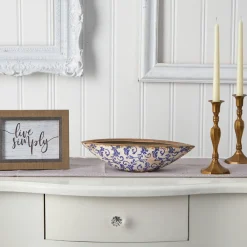 Nearly Natural Trays & Ring Dishes|Home Decor>13” Tuscan Ceramic Blue Scroll Decorative Bowl - Sweet Water Decor