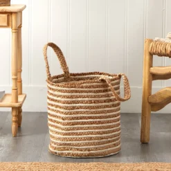 Nearly Natural Home Decor>Basket Natural Cotton and Jute, Handwoven Stripe with Handles