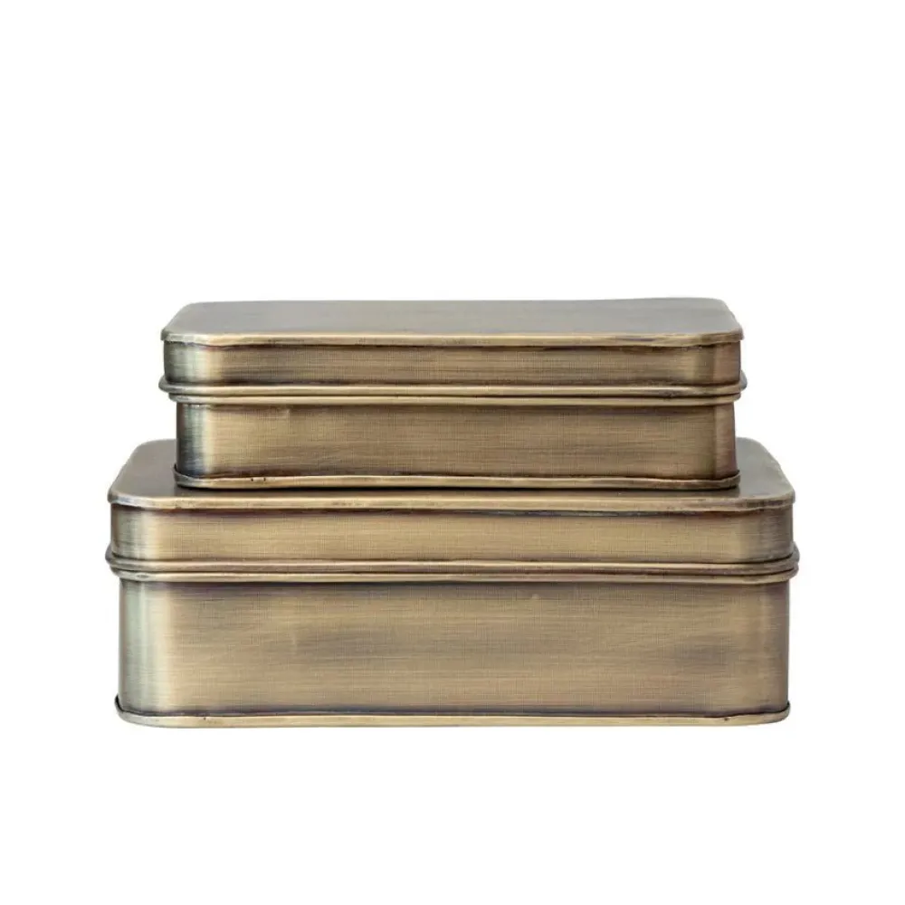White Cliff Studio Home Decor>Metal Boxes, Antique Brass Finish, Set of 2