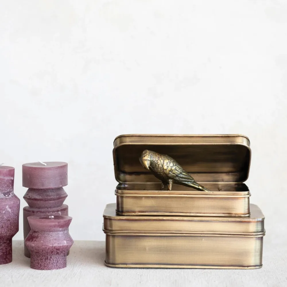 White Cliff Studio Home Decor>Metal Boxes, Antique Brass Finish, Set of 2
