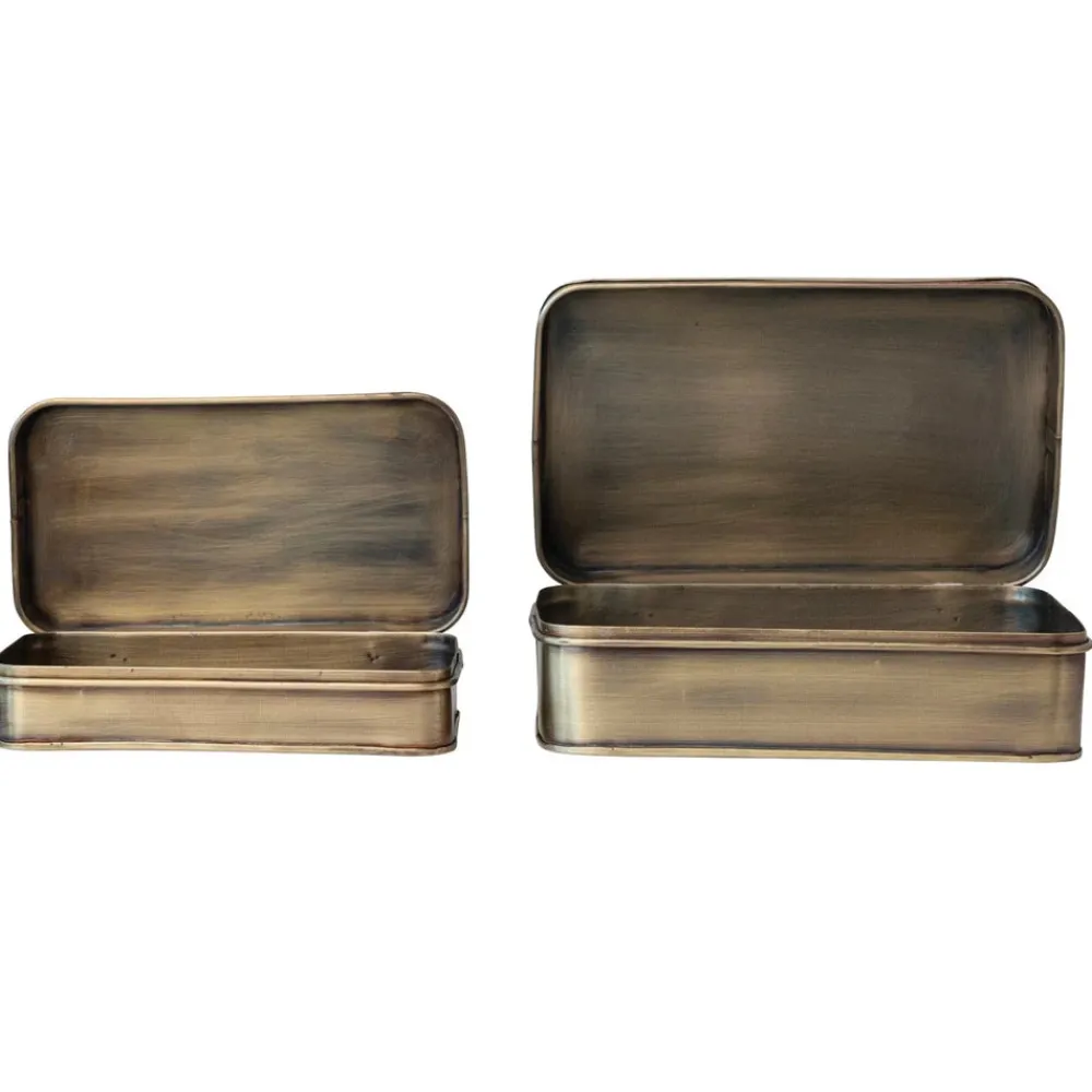 White Cliff Studio Home Decor>Metal Boxes, Antique Brass Finish, Set of 2