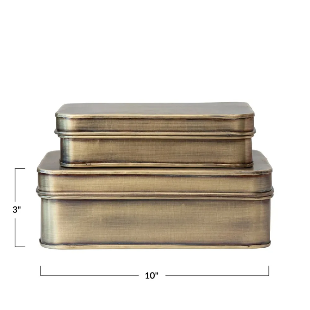 White Cliff Studio Home Decor>Metal Boxes, Antique Brass Finish, Set of 2