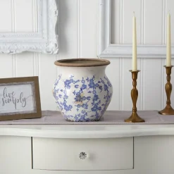 Nearly Natural Home Decor>Tuscan Ceramic Blue Scroll Urn Vase
