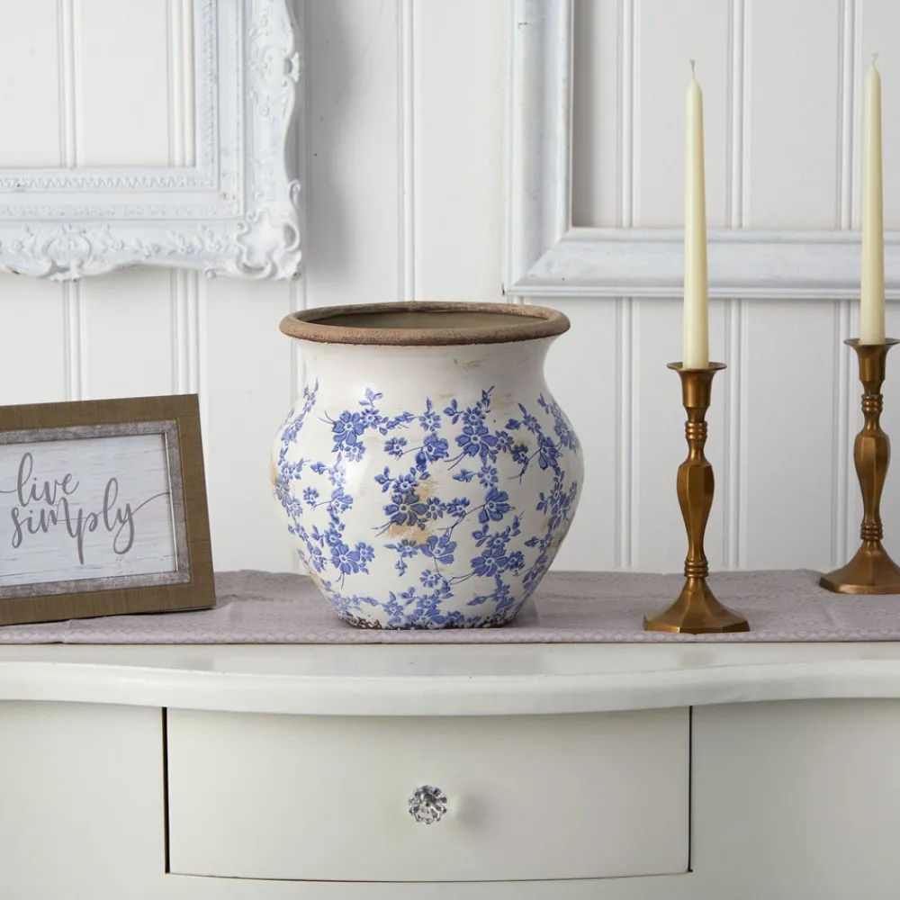 Nearly Natural Home Decor>Tuscan Ceramic Blue Scroll Urn Vase