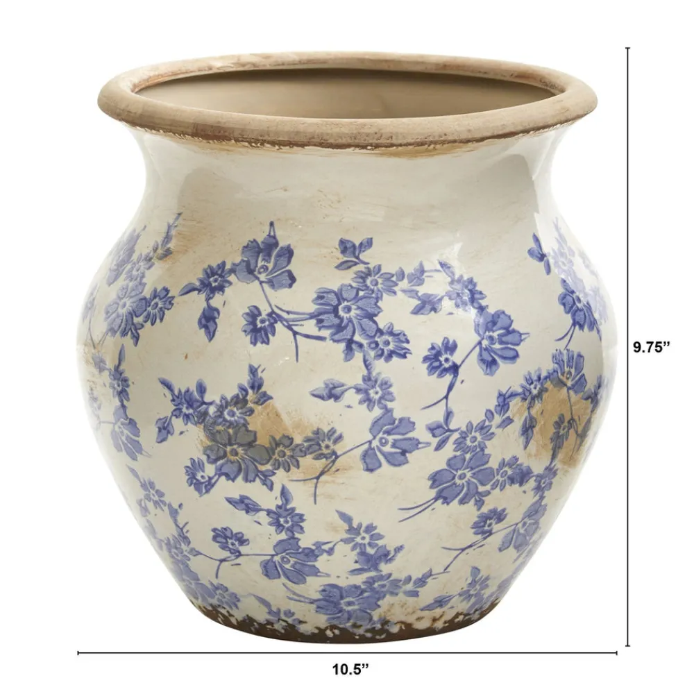Nearly Natural Home Decor>Tuscan Ceramic Blue Scroll Urn Vase